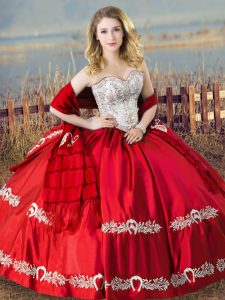  Floor Length Red Sweet 16 Quinceanera Dress Satin Sleeveless Beading and Embroidery