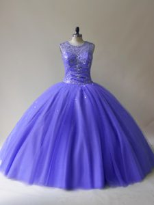  Purple Ball Gowns Beading Quinceanera Gowns Lace Up Tulle Sleeveless Floor Length