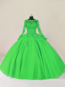 Custom Design Scalloped Long Sleeves Ball Gown Prom Dress Floor Length Lace Green Tulle