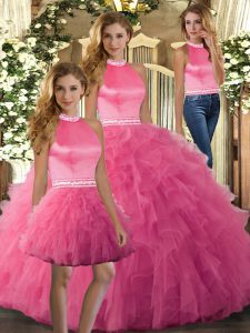  Hot Pink Tulle Backless Ball Gown Prom Dress Sleeveless Floor Length Ruffles