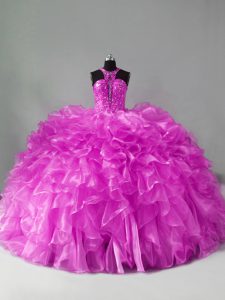 Popular Lilac Organza Zipper Halter Top Sleeveless Quince Ball Gowns Brush Train Beading and Ruffles