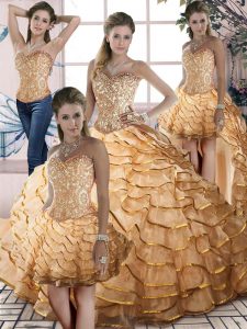 Fantastic Gold Organza Lace Up Quinceanera Dresses Sleeveless Brush Train Beading and Ruffled Layers
