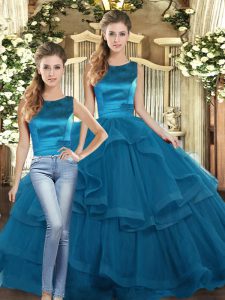 Fantastic Teal Lace Up Scoop Ruffles 15 Quinceanera Dress Tulle Sleeveless