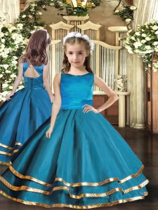 On Sale Teal Ball Gowns Ruffled Layers Kids Formal Wear Lace Up Organza Sleeveless Floor Length