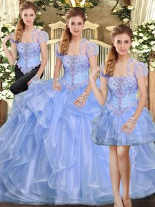On Sale Strapless Sleeveless Sweet 16 Quinceanera Dress Floor Length Beading and Ruffles Lavender Organza