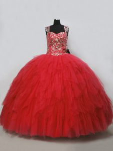  Red Lace Up Straps Beading and Ruffles Quinceanera Dresses Tulle Sleeveless