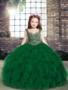  Dark Green Little Girl Pageant Gowns Party and Wedding Party with Beading and Ruffles Straps Sleeveless Lace Up