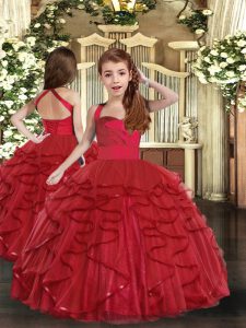  Red Ball Gowns Straps Sleeveless Tulle Floor Length Lace Up Ruffles Little Girls Pageant Gowns