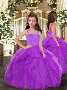 New Style Sleeveless Tulle Floor Length Lace Up Little Girls Pageant Dress Wholesale in Purple with Ruffles