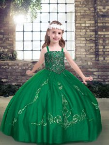  Dark Green Tulle Lace Up Straps Sleeveless Floor Length Kids Pageant Dress Beading