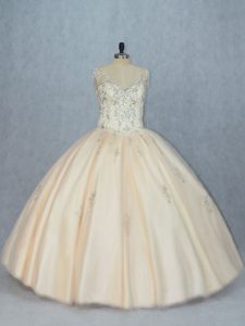 Customized Beading Quinceanera Dress Champagne Lace Up Sleeveless Floor Length