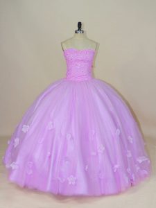 Custom Designed Lavender Lace Up Ball Gown Prom Dress Hand Made Flower Sleeveless Floor Length