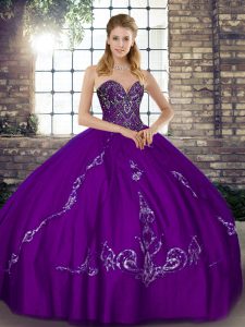  Floor Length Lace Up Quince Ball Gowns Purple for Military Ball and Sweet 16 and Quinceanera with Beading and Embroidery