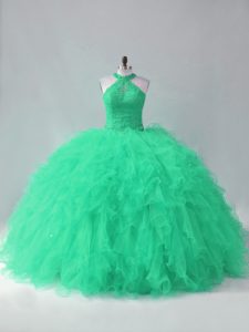  Turquoise Sleeveless Beading and Ruffles Lace Up Quince Ball Gowns
