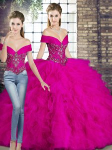 Great Fuchsia Tulle Lace Up Quinceanera Gown Sleeveless Floor Length Beading and Ruffles