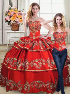 Custom Fit Red Sweet 16 Dresses Sweet 16 and Quinceanera with Embroidery and Ruffled Layers Sweetheart Sleeveless Lace Up