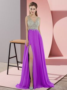 Great Chiffon Sleeveless Prom Evening Gown Sweep Train and Beading