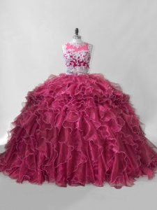 Stunning Hot Pink Sleeveless Beading and Ruffles Zipper Quinceanera Dresses
