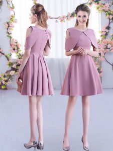 Shining Mini Length Pink Quinceanera Court of Honor Dress Scoop Half Sleeves Zipper