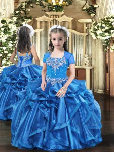 Excellent Ball Gowns Kids Pageant Dress Baby Blue Straps Organza Sleeveless Floor Length Lace Up