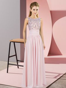  Scoop Sleeveless Prom Evening Gown Floor Length Beading Pink Chiffon