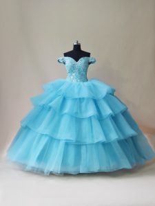  Aqua Blue Organza and Tulle Lace Up Off The Shoulder Sleeveless Floor Length Sweet 16 Dress Beading and Ruffled Layers