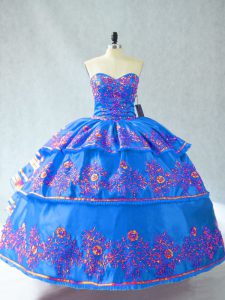  Floor Length Lace Up 15th Birthday Dress Blue for Sweet 16 and Quinceanera with Embroidery