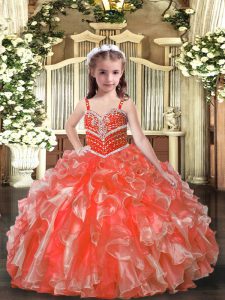  Orange Red Ball Gowns Straps Sleeveless Organza Floor Length Lace Up Beading and Ruffles Little Girls Pageant Gowns