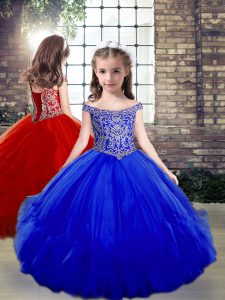 Stunning Royal Blue Sleeveless Floor Length Beading Side Zipper Little Girls Pageant Dress