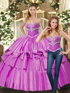 Classical Lilac Ball Gowns Beading 15 Quinceanera Dress Lace Up Taffeta Sleeveless Floor Length
