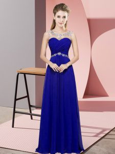  Blue Sleeveless Floor Length Beading Backless Prom Gown