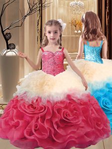 Elegant Floor Length Multi-color Kids Formal Wear Fabric With Rolling Flowers Sleeveless Beading