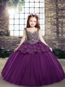 Discount Sleeveless Floor Length Beading and Appliques Lace Up Little Girls Pageant Gowns with Eggplant Purple