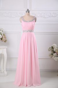 Beauteous Scoop Sleeveless Prom Evening Gown Floor Length Beading and Ruching Baby Pink Chiffon