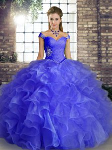 Captivating Floor Length Lace Up Quinceanera Gown Blue for Military Ball and Sweet 16 and Quinceanera with Beading and Ruffles