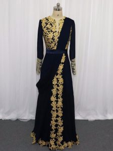 Attractive Navy Blue Zipper Scoop Lace and Appliques Chiffon Long Sleeves