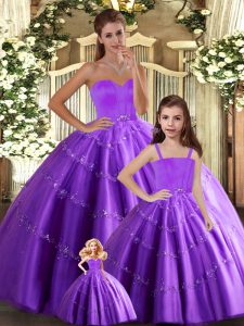  Sleeveless Tulle Floor Length Lace Up Quinceanera Gown in Eggplant Purple with Beading
