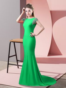 Designer Green Mermaid Beading Homecoming Dress Backless Elastic Woven Satin Short Sleeves