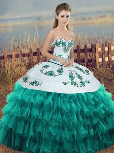  Turquoise Organza Lace Up Sweet 16 Quinceanera Dress Sleeveless Floor Length Embroidery and Ruffled Layers and Bowknot
