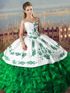 Sumptuous Satin and Organza Sweetheart Lace Up Embroidery and Ruffles Quince Ball Gowns in Dark Green