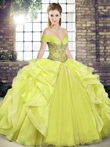 Modern Yellow Ball Gowns Beading and Ruffles 15th Birthday Dress Lace Up Organza Sleeveless Floor Length