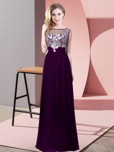  Scoop Sleeveless Homecoming Dress Floor Length Beading Purple Chiffon
