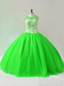  Green Ball Gowns Beading Sweet 16 Dress Lace Up Tulle Sleeveless Floor Length
