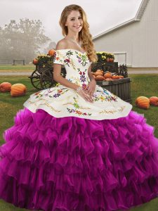 Top Selling Fuchsia Lace Up Off The Shoulder Embroidery and Ruffled Layers Quinceanera Gowns Organza Sleeveless