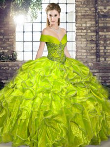 Dazzling Olive Green Off The Shoulder Lace Up Beading and Ruffles Sweet 16 Dress Sleeveless