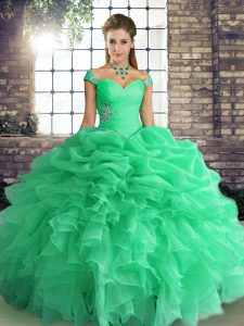 Latest Turquoise Lace Up Quinceanera Gown Beading and Ruffles and Pick Ups Sleeveless Floor Length