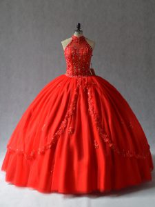Pretty Red Lace Up Halter Top Appliques 15 Quinceanera Dress Tulle Sleeveless