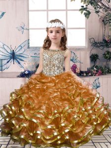 Best Sleeveless Floor Length Beading and Ruffles Lace Up Little Girls Pageant Gowns with Brown