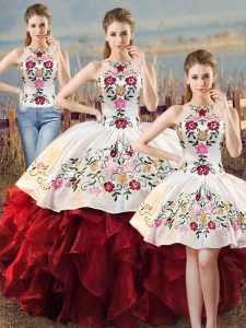 Custom Design White And Red Sleeveless Floor Length Embroidery and Ruffles Lace Up 15 Quinceanera Dress