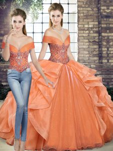 Elegant Off The Shoulder Sleeveless 15th Birthday Dress Floor Length Beading and Ruffles Orange Organza